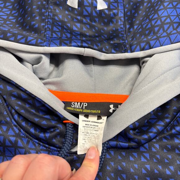 Under Armour Storm Blue Orange Mens S Loose Geometric Big Logo Pullover Hoodie - Picture 4 of 8